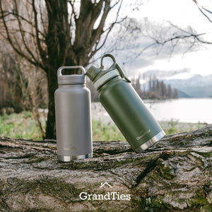 Insulated Travel Water Bottle with Two Stylish Ergonomic Handle Lids 32oz/946ml - Caffè Latte - Grandties