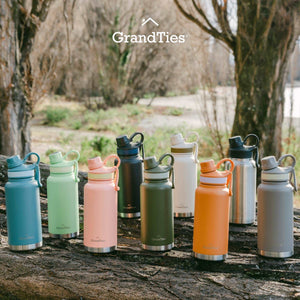 Insulated Travel Water Bottle with Two Stylish Ergonomic Handle Lids 32oz/946ml - Olive Green - Grandties