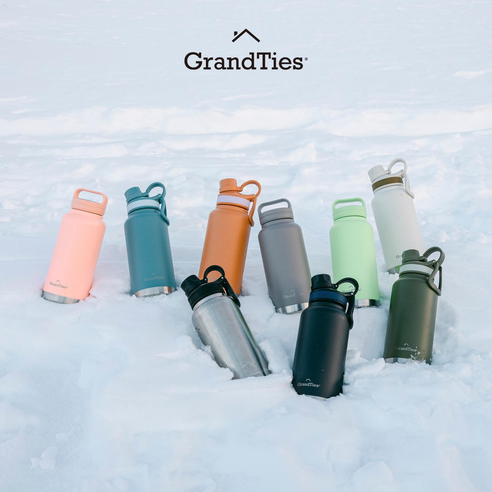 Insulated Travel Water Bottle with Two Stylish Ergonomic Handle Lids 32oz/946ml - Olive Green - Grandties