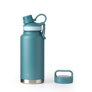 Insulated Travel Water Bottle with Two Stylish Ergonomic Handle Lids 32oz/946ml - Atlantis Blue - Grandties