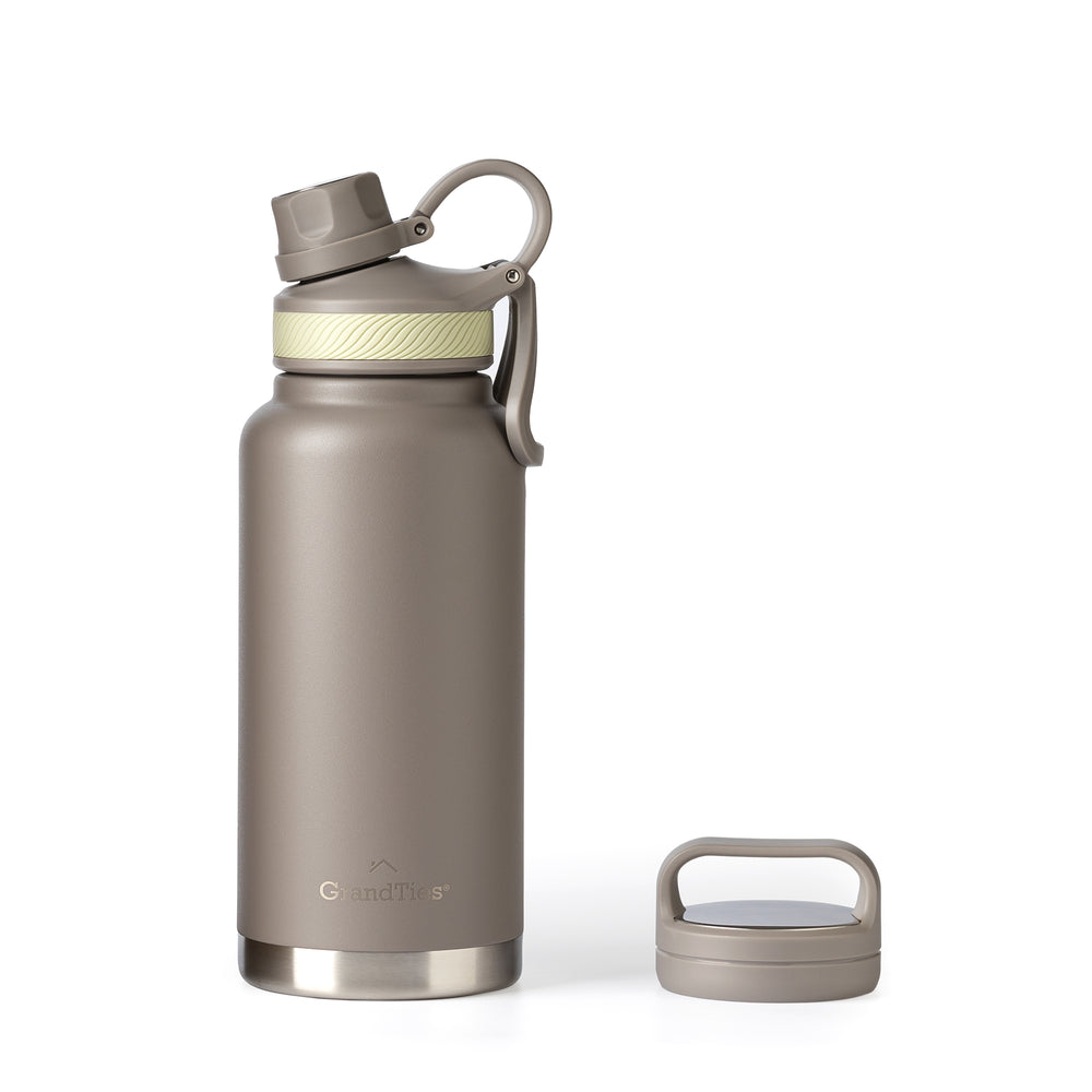 Insulated Travel Water Bottle with Two Stylish Ergonomic Handle Lids 32oz/946ml - Caffè Latte - Grandties