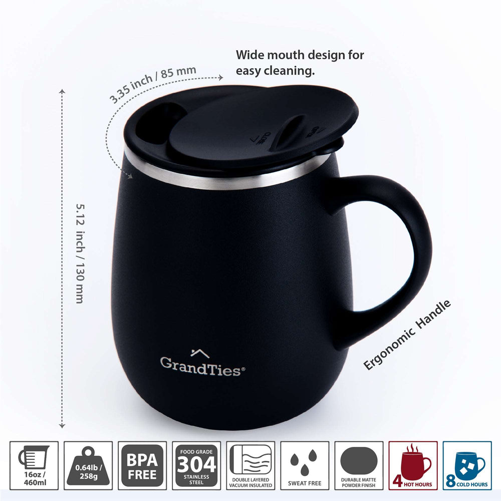 Insulated Coffee Mug with Sliding Lid 16oz/460ml (Grande) - Midnight Black - GrandTies