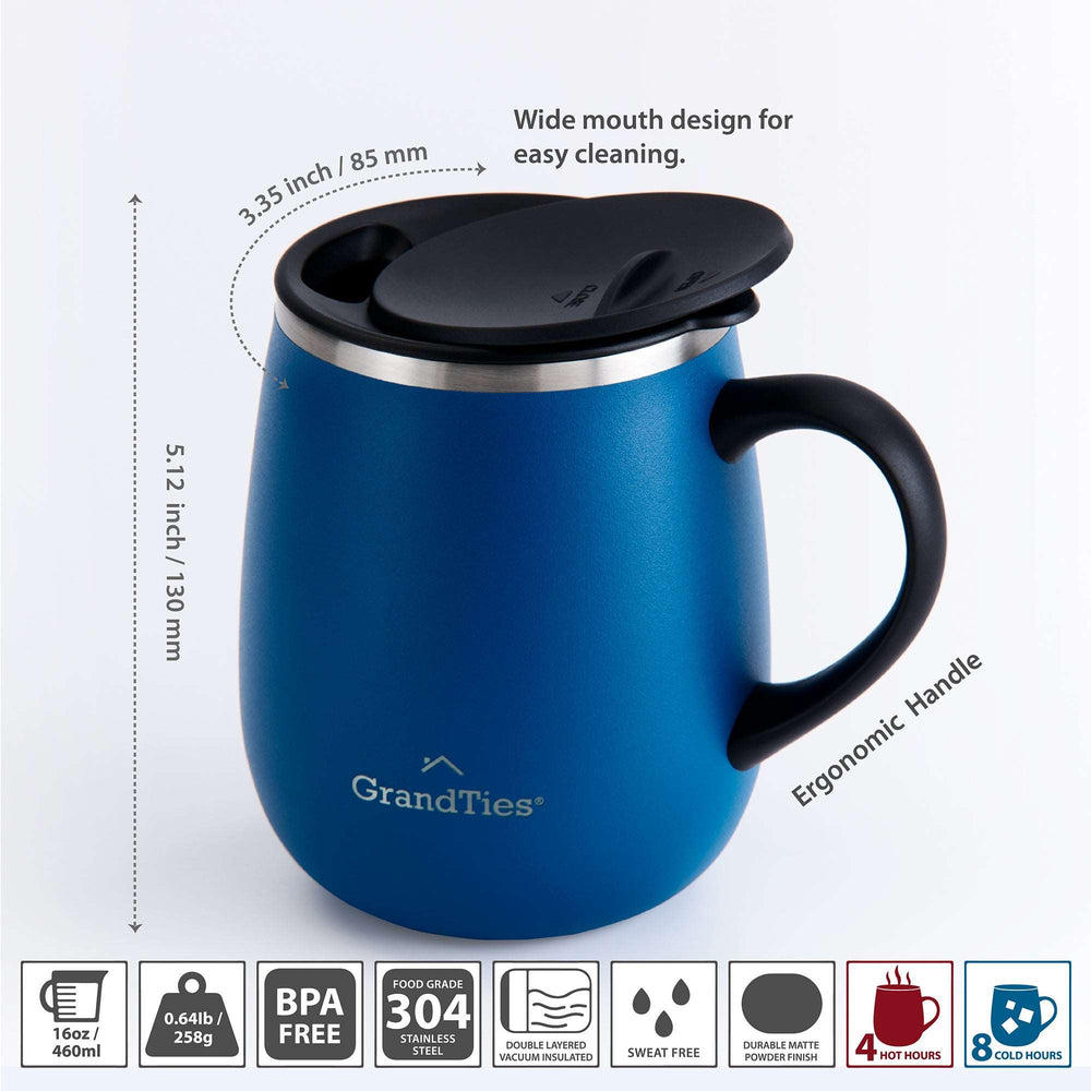 Insulated Coffee Mug with Sliding Lid 16oz/460ml (Grande) - Cobalt Blue - GrandTies