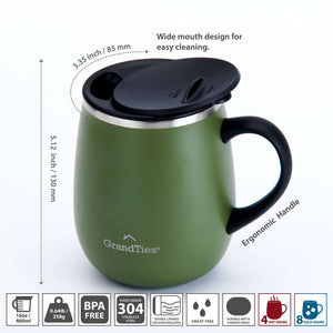 Insulated Coffee Mug with Sliding Lid 16oz/460ml (Grande) - Olive Green - GrandTies