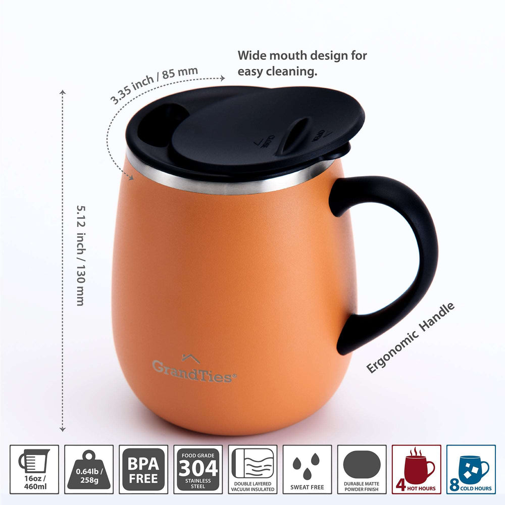 Insulated Coffee Mug with Sliding Lid 16oz/460ml (Grande) - Carrot - GrandTies