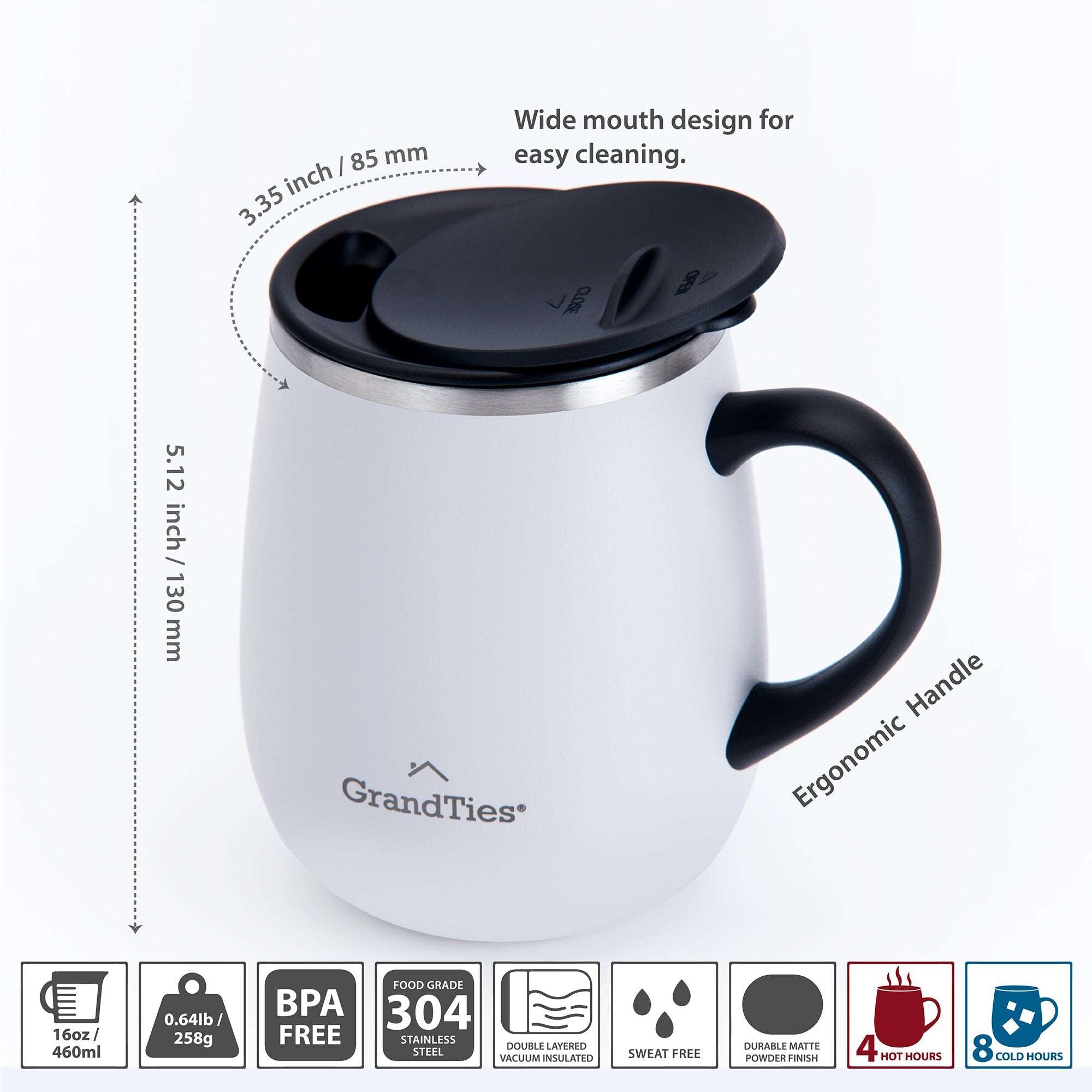 Grandties Insulated Coffee Mug With Handle - Sliding Lid For Splash Proof 16 Oz Wine Glass Shape Thermal Tumbler With Double Walled Vacuum Stainless Steel To Keeps Beverages Hot Or Cold Pearl Gaed1005 - View #9