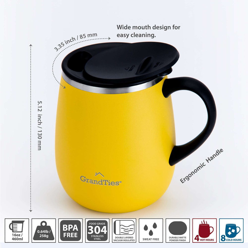 Insulated Coffee Mug with Sliding Lid 16oz/460ml (Grande) - Lemon - GrandTies
