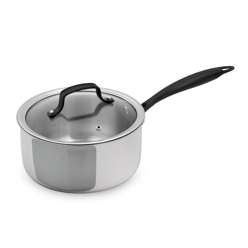SLOTTET Tri-Ply Whole-Clad Stainless Steel Sauce Pan with Pour Spout ,2.5  Quart Small Multipurpose Pasta Pot with Strainer Glass Lid, Saucepan for